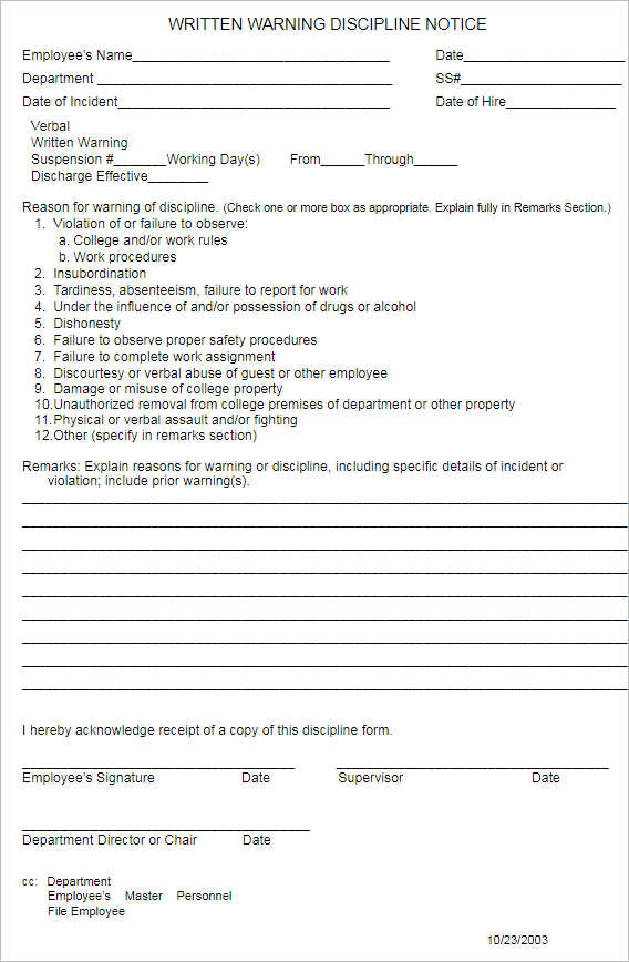 Form Written Warning Employee Template from www.creativetemplate.net