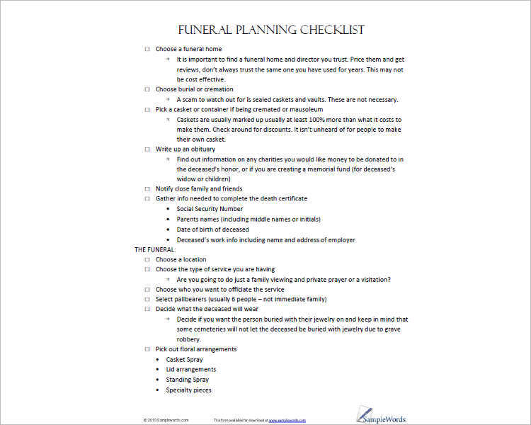 3 Funeral Checklist Templates Free Word PDF Formats