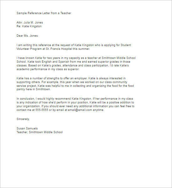 Sample Letter Of Recommendation For Middle School Student 