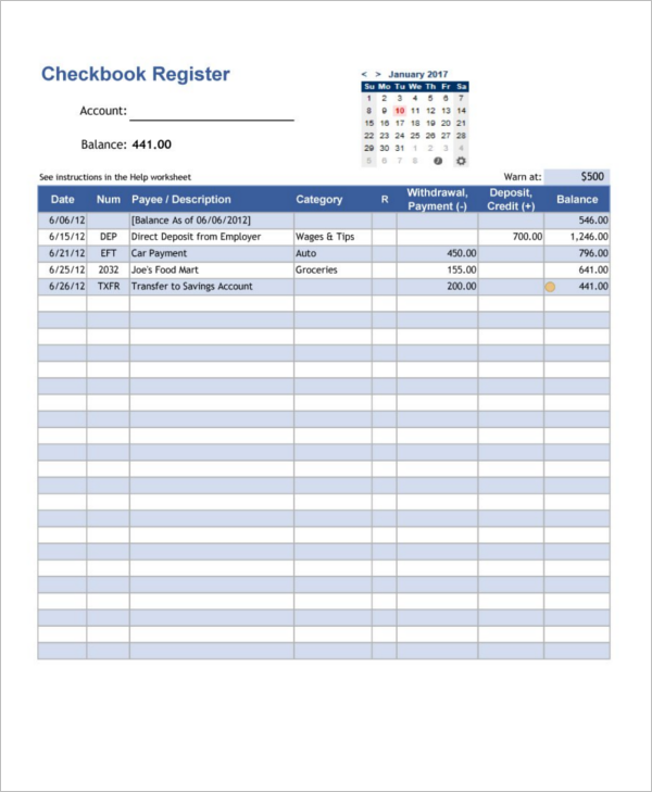 Excel Checkbook Register Budget Worksheet