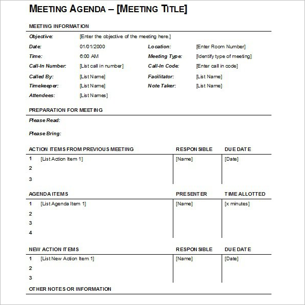 Blank Meeting Agenda Template