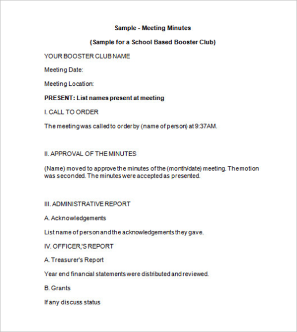 Booster Club Meeting Minutes Template from www.creativetemplate.net